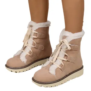 Bottes de neige d'hiver kaki pour femmes avec doublure en fourrure chaude et lacets
