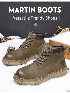 Detailed close-up of durable brown suede Martin boots on a winter snow background