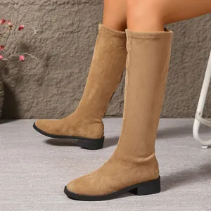 Stivali al Ginocchio in Finta Pelle Scamosciata da Donna Tacco Largo Punta Quadrata Aderenti Stivali Alti per Autunno Inverno
