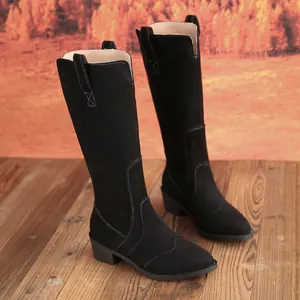 Fashionable women's black suede knee-high boots with pointed toe and square heel