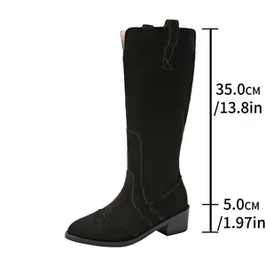 Black suede knee-high boots detail showing 35cm shaft height and 5cm block heel dimensions.