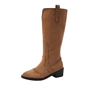 Elegant women's brown suede knee-high boots featuring pointed toe and stable block heel