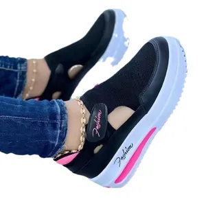 Women's breathable fly-knit platform sneakers with hollow-out design and velcro strap