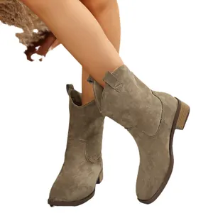 Vintage pointed-toe chunky heel Western cowboy boots for women in taupe olive suede