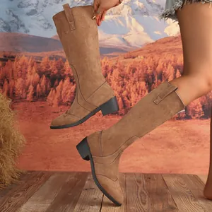 Detailed view of fashionable brown suede knee-high boots with pointed toe and block heel