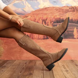 Elegant tall brown suede boots with pointed toe and square heel for autumn fashion