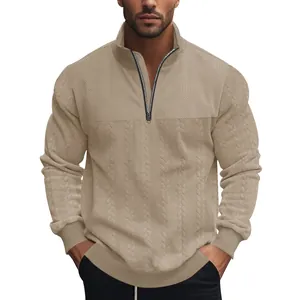 Zwaargewicht kaki herensweatshirt met kwartrits, kabelgebreide textuur en geometrische patronen