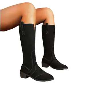 Elegant black suede knee-high boots with pointed toe and comfortable square heel