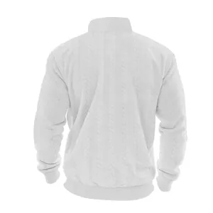 Achteraanzicht van zware witte heren-sweatshirt met kabelpatroon en opstaande kraag