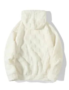 Rückansicht eines weißen Oversize-Fleece-Kapuzenpullovers mit Karomuster für Winter