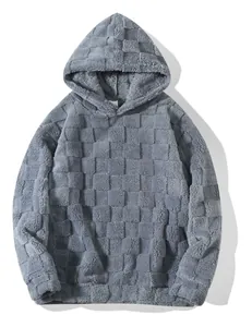 Übergroßer grauer Fleece-Hoodie mit einzigartiger 3D-Schachbrettstruktur und Kapuze