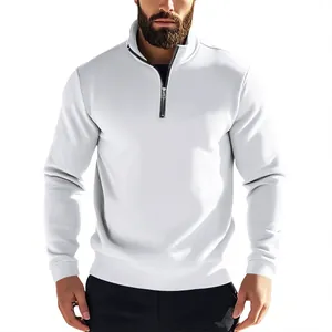 Detailansicht eines weißen Herren-Sweatshirts mit Reißverschluss und Stehkragen