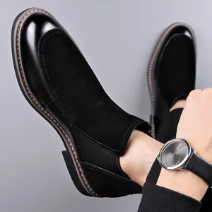 Modern black leather and suede patchwork Chelsea boots for men with elastic slip-on design