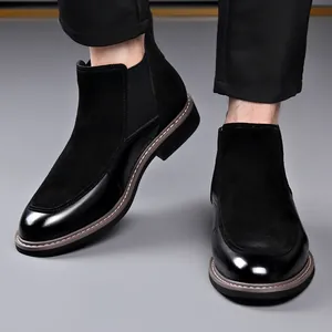 Stylish black patchwork Chelsea boots for men with elastic side panels