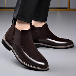 Men's stylish dark brown patchwork Chelsea boots with elastic slip-on design for winter