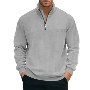 Grijze herensweatshirt met kwartrits, jacquardtextuur en casual opstaande kraag