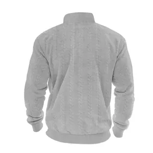 Gedetailleerd achteraanzicht van een grijze zware sweatshirt met opstaande kraag