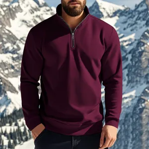 Men's quarter-zip sweatshirt in maroon with a fleece-lined stand collar for outdoor winter wear.