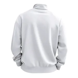 Detaillierte Rückansicht eines weißen minimalistischen Herren-Stehkragen-Fleece-Sweatshirts