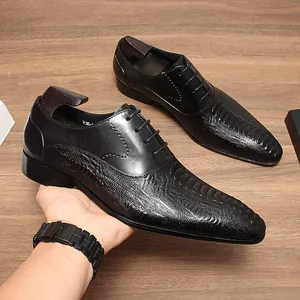 Chaussures de Ville pour Hommes en Cuir de Vache Motif Crocodile Style Britannique Bout Pointu Oxford à Lacets pour Hommes