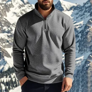 Grey men's quarter-zip fleece sweatshirt with stand collar for outdoor winter wear