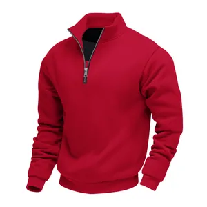 Sweat-shirt rouge pour homme avec fermeture éclair, col montant et doublure polaire chaude