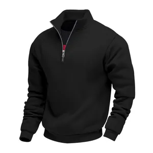 Sweatshirt décontracté en polaire noire pour hommes avec col montant à demi-zip