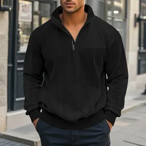 Heren casual zwart jacquard sweatshirt met opstaande kraag en kwartrits lange mouwen
