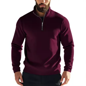 Close-up of men's maroon quarter-zip sweatshirt showing collar detail and fabric texture.
