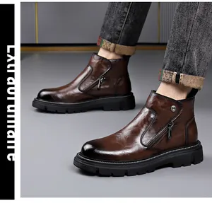 Bottines Chelsea en cuir marron pour hommes avec fermeture éclair latérale en métal