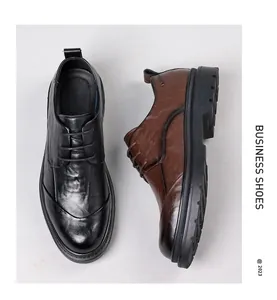 Pair of men's textured leather business shoes in black and brown, top and side views.