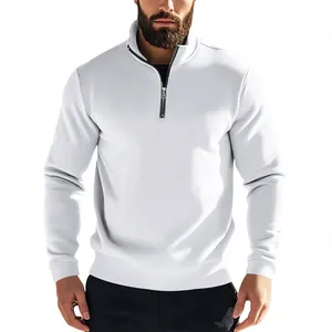 Close-up of white men's quarter-zip sweatshirt with mock neck and silver zipper