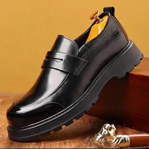 Mocassins Homme en Cuir Véritable Business Casual Bout Rond Penny Loafers Semelle Épaisse Antidérapant Confortable Chaussures Automne