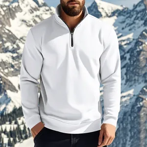 Men's white half-zip fleece sweatshirt with stand collar for autumn and winter outdoor wear.