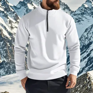 Men's solid white quarter-zip fleece sweatshirt with stand collar in winter mountain scene