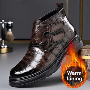 Botas Martin Retro con Patrón de Cocodrilo para Hombre Hebilla de Corte Medio Botas Chelsea Cuero Sintético Forro de Felpa Cálido Zapatos Casuales