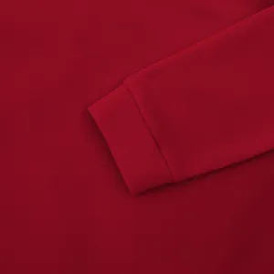 Detailed close-up showing the ribbed cuff texture of a solid dark red men's casual sweatshirt jacket