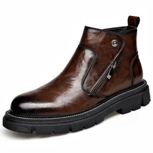 Bottines homme style britannique avec fermeture éclair latérale en cuir marron foncé