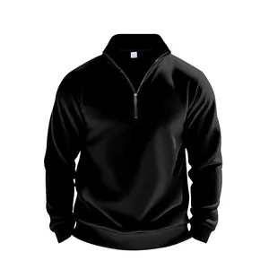 Detailed close-up of a premium black men's quarter-zip sweatshirt with stand collar