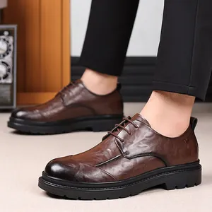 Premium brown hand-rubbed leather men's business dress shoes for formal weddings