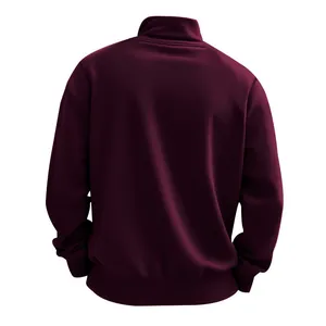 Back view of a wine red stand-up collar sweatshirt with ribbed cuffs and hem.
