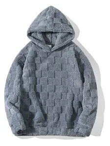 Grauer Kapuzenpullover aus Fleece mit Karomuster und lockerer Passform für den Winter