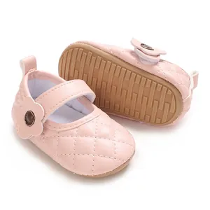 Chaussures de marche souples en PU rose pour bébé fille avec bride fleurie et semelle