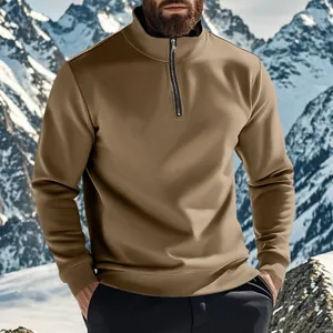 Men's khaki fleece-lined quarter-zip sweatshirt with stand collar for cold winter.