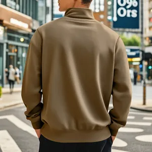 Back view of a men's khaki stand collar sweatshirt in a modern urban street setting