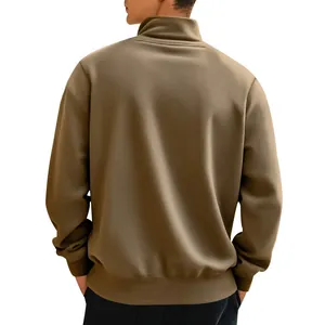 Detailed back view of a khaki men's fleece sweatshirt with a casual stand collar