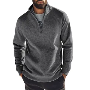 Men's casual solid grey quarter-zip fleece sweatshirt with stylish stand collar