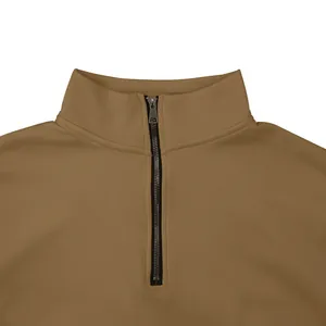Detail of a men's khaki half-zip sweatshirt featuring a sturdy metal zipper and stand collar.
