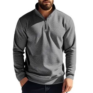 Men's quarter-zip fleece sweatshirt with stand collar in heather grey casual style