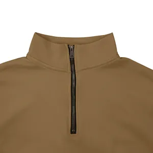 Détail rapproché du col montant et de la fermeture éclair d'un sweat-shirt kaki pour homme